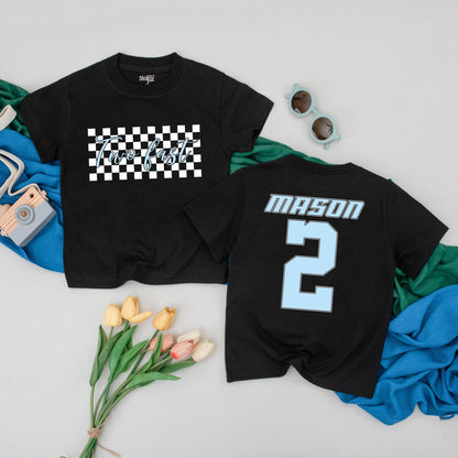 Personalized Two Fast Race Car Shirt Second Birthday Boy Outfit Fun Checkered 2 Year Old Toddler Party Gift Idea with Custom Name Number