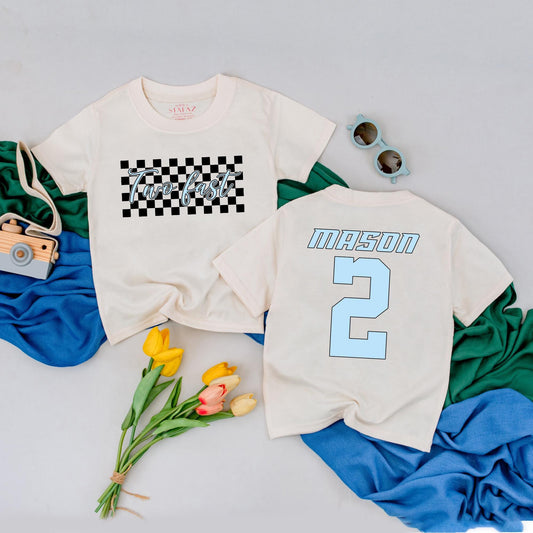 Personalized Two Fast Race Car Shirt Second Birthday Boy Outfit Fun Checkered 2 Year Old Toddler Party Gift Idea with Custom Name Number