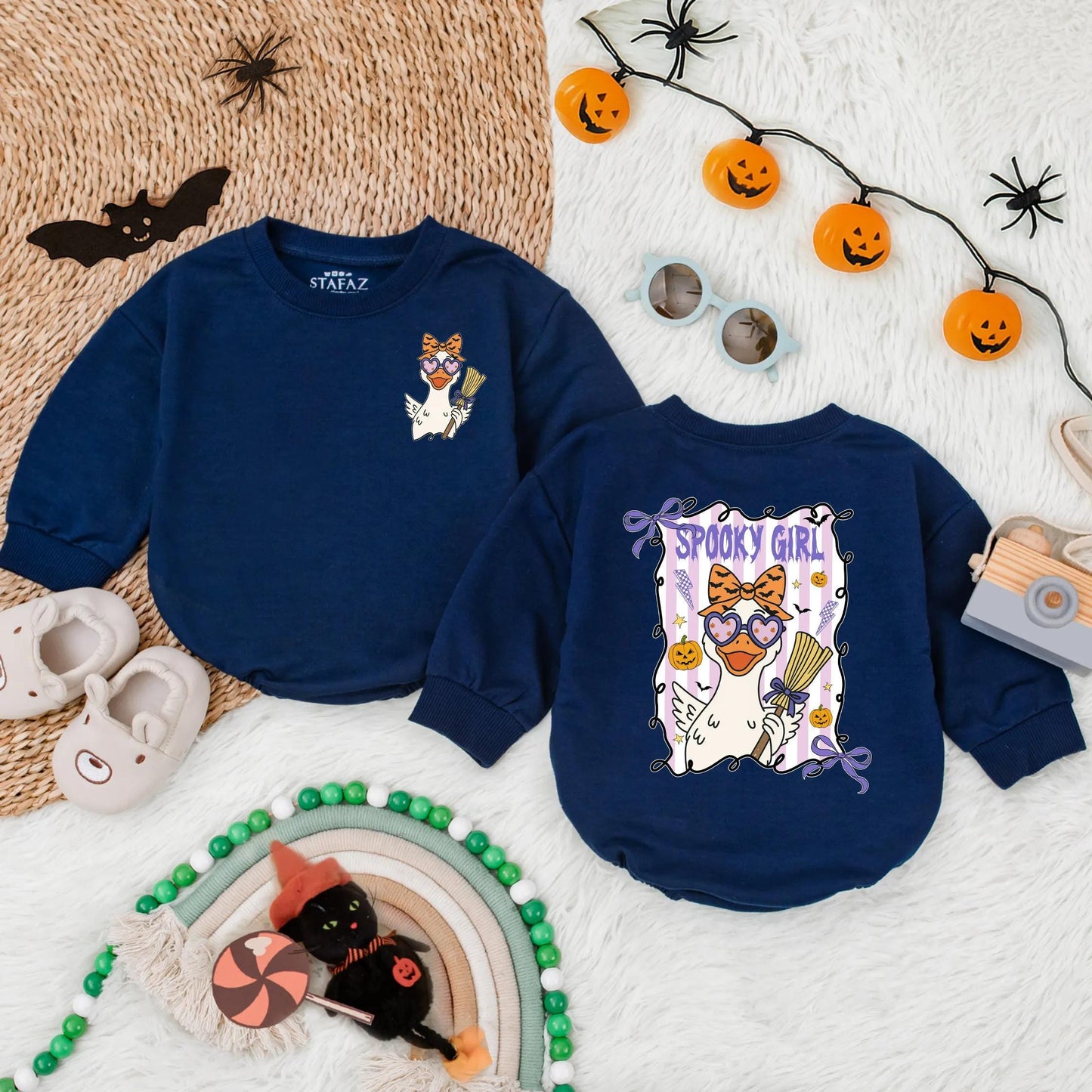 Spooky Girl Halloween Romper: Cute Duck Design with Heart Glasses & Orange Bow, Toddler Fall Outfit, Baby Halloween Gift, Spooky Baby Clothes