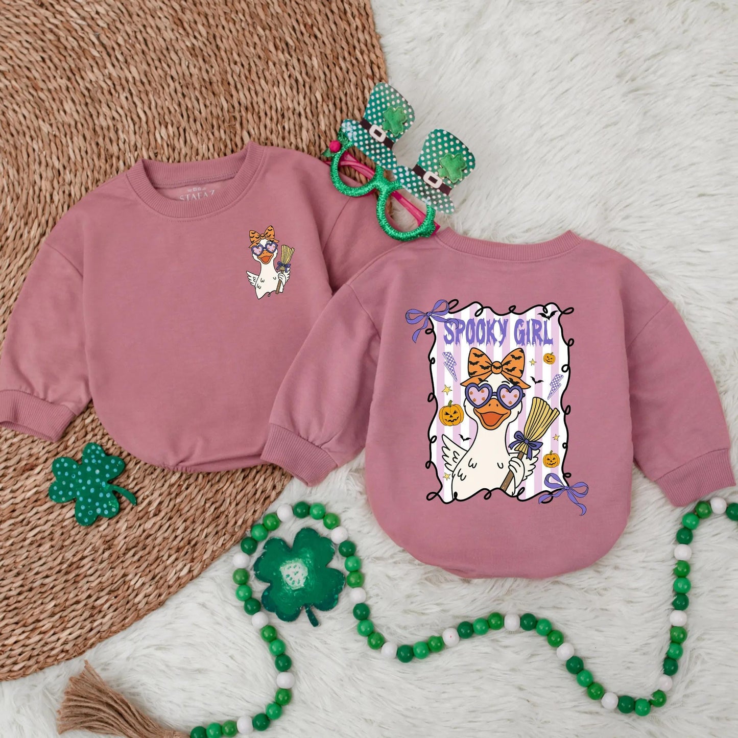 Spooky Girl Halloween Romper: Cute Duck Design with Heart Glasses & Orange Bow, Toddler Fall Outfit, Baby Halloween Gift, Spooky Baby Clothes