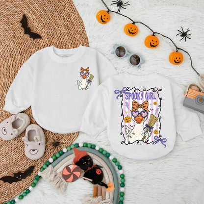 Spooky Girl Halloween Romper: Cute Duck Design with Heart Glasses & Orange Bow, Toddler Fall Outfit, Baby Halloween Gift, Spooky Baby Clothes