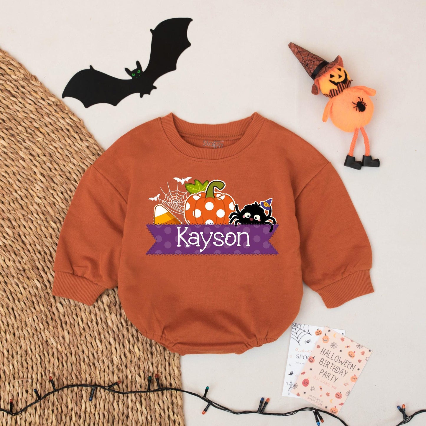 Kayson's First Halloween Baby Romper Cute Pumpkin Spiderweb Party Outfit Soft Cotton Personalized Newborn Fall Gift