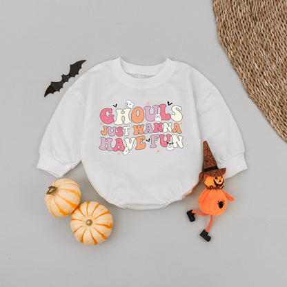 Ghouls Just Wanna Have Fun Baby Romper, Retro Halloween Bodysuit, Funny Outfit, Fall Bubble Romper, Spooky Season Gift (138 chars)