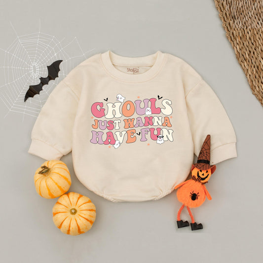 Ghouls Just Wanna Have Fun Baby Romper, Retro Halloween Bodysuit, Funny Outfit, Fall Bubble Romper, Spooky Season Gift (138 chars)