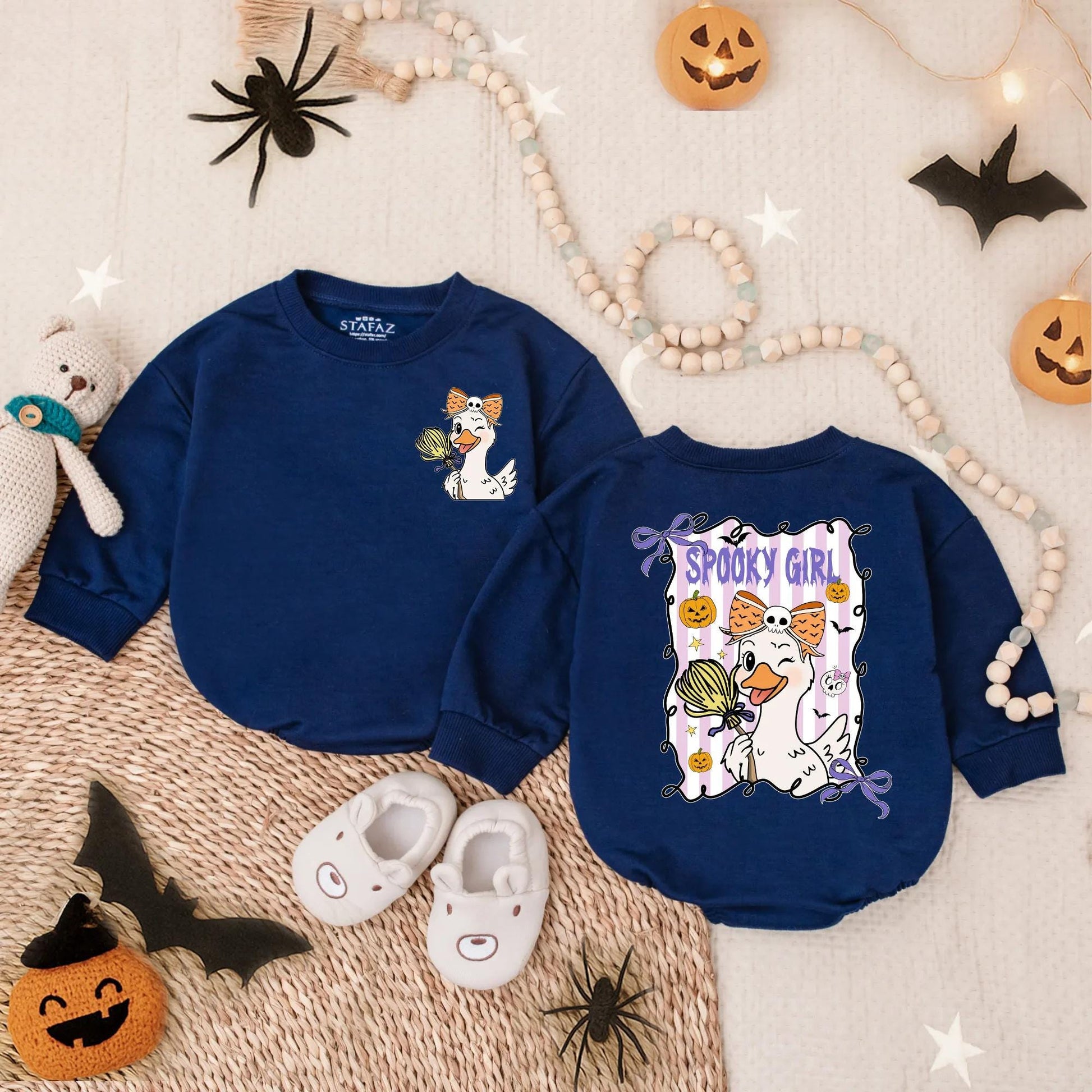 Spooky Girl Goose Bubble Romper Halloween Outfit Baby Toddler Costume Cute Cartoon Design Purple Yellow White First Halloween Gift Fall Outfit (139 chars)