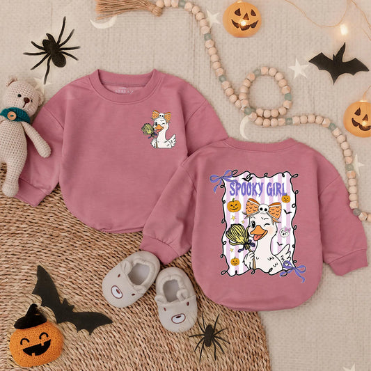 Spooky Girl Goose Bubble Romper Halloween Outfit Baby Toddler Costume Cute Cartoon Design Purple Yellow White First Halloween Gift Fall Outfit (139 chars)