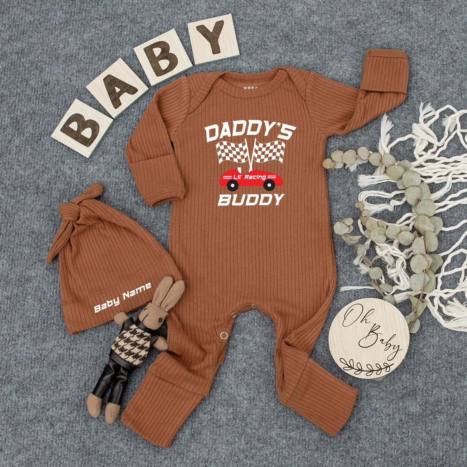 Personalized Daddy's Lil' Racing Buddy Bodysuit & Hat Set for Baby Boys Newborn Race Car Checkered Flag Gift