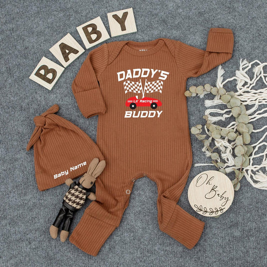 Personalized Daddy's Lil' Racing Buddy Bodysuit & Hat Set for Baby Boys Newborn Race Car Checkered Flag Gift