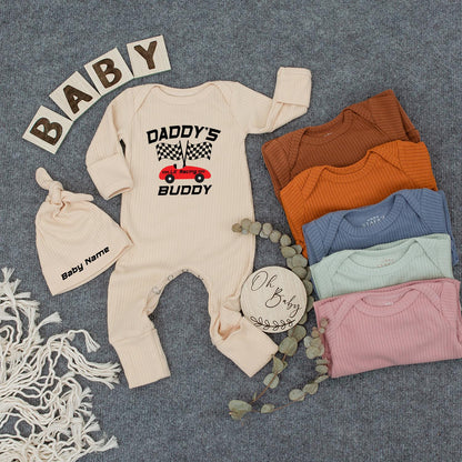 Personalized Daddy's Lil' Racing Buddy Bodysuit & Hat Set for Baby Boys Newborn Race Car Checkered Flag Gift