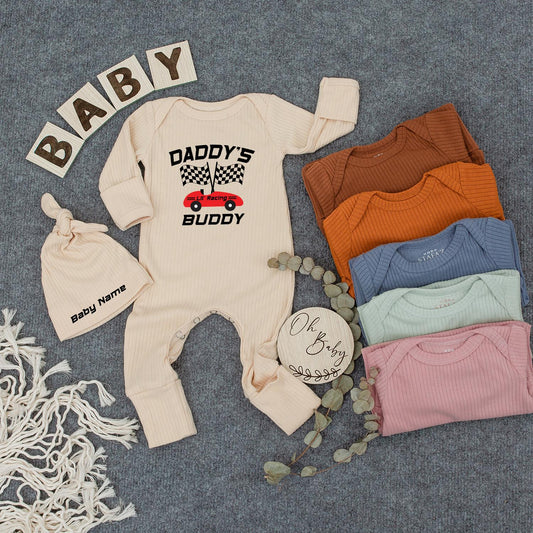 Personalized Daddy's Lil' Racing Buddy Bodysuit & Hat Set for Baby Boys Newborn Race Car Checkered Flag Gift