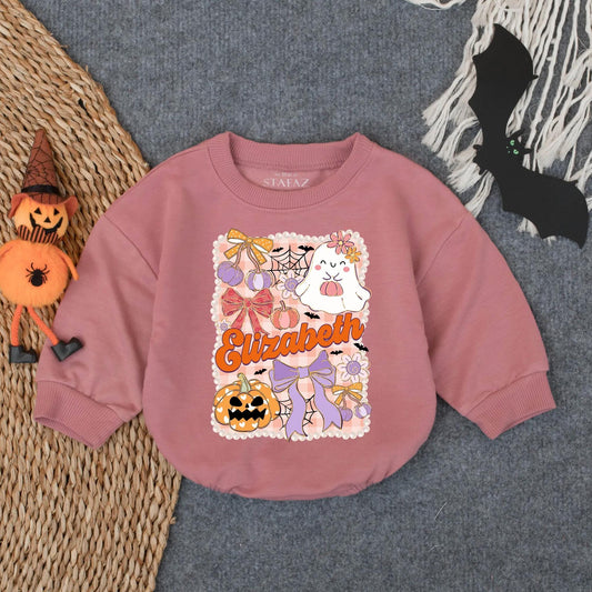 Personalized Elizabeth Halloween Bubble Romper Spooky Baby Outfit, Ghost, Bat, Pumpkin Design for 1st Halloween, Toddler Clothes Gift