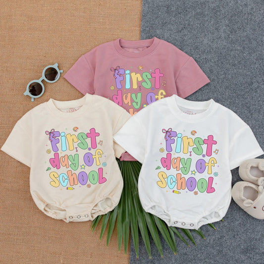 First Day of School Romper Girl Toddler Outfit Bubbly Pastel Letters Crayon Airplane Design Cute Back to School Clothes Infant Preschool Outfit Soft Cotton 138