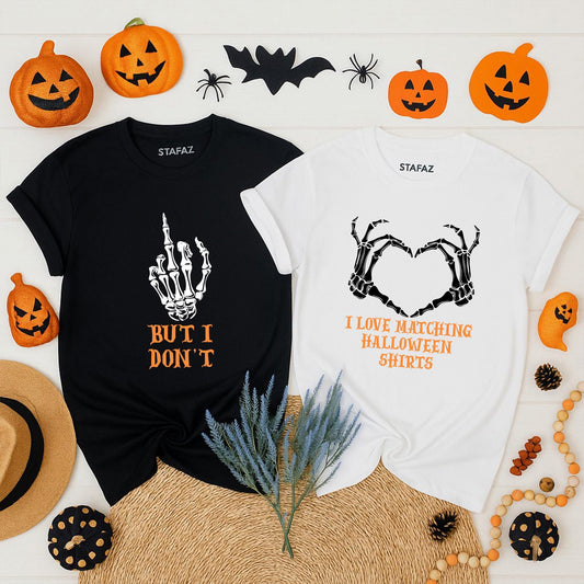 His Hers Halloween Skeleton Pumpkin Matching Couple Shirts for Spooky Season Fun