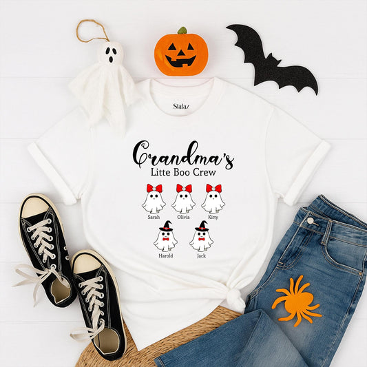 Personalized Grandma's Little Boo Crew Halloween Shirt, Custom Kids' Names Fall Tee, Spooky Grandma Gift