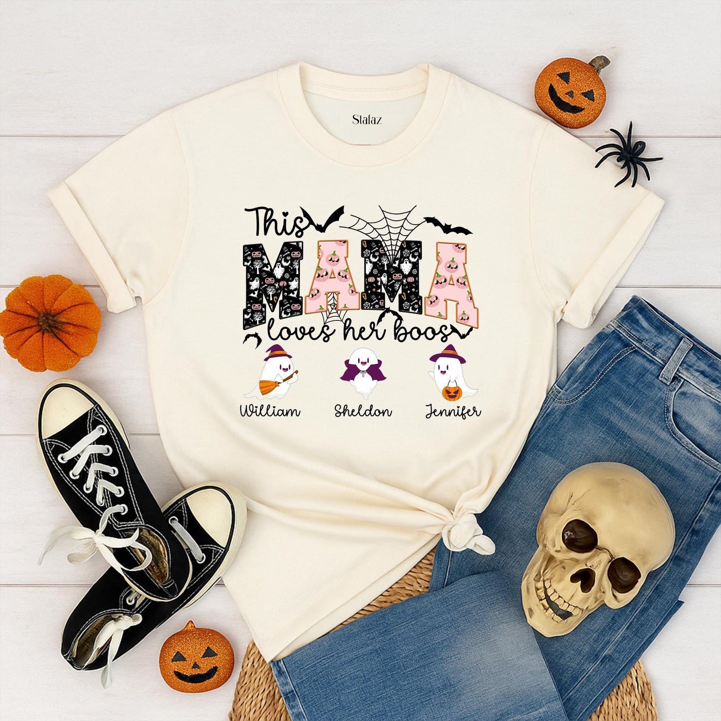 Personalized This Mama Loves Her Boos Halloween Shirt for Mom & Kids | Custom Nickname Family Tee - Spooky Mom Life