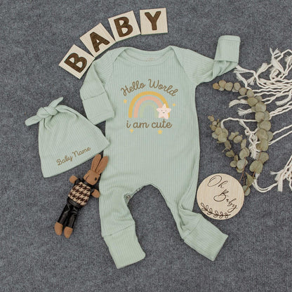 Hello World Baby Bodysuit and Hat Set Gender Neutral Personalized Coming Home Outfit Cute Baby Shower Gift