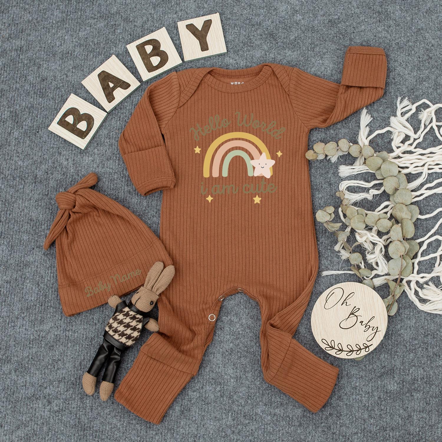 Hello World Baby Bodysuit and Hat Set Gender Neutral Personalized Coming Home Outfit Cute Baby Shower Gift