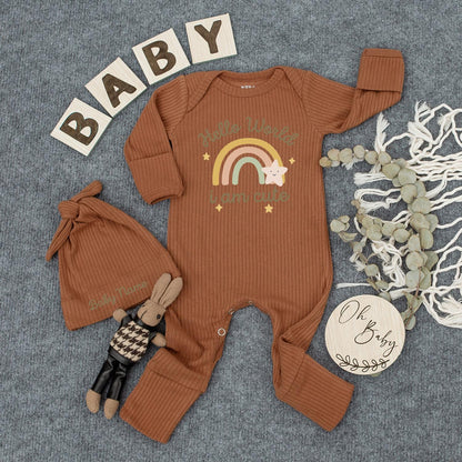 Hello World Baby Bodysuit and Hat Set Gender Neutral Personalized Coming Home Outfit Cute Baby Shower Gift