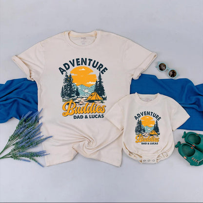 Adventure Buddies Matching Shirts for Dad and Baby Personalized Hiking Clothes, Mountain Travel Gift, Father and Son Camping Outfit, Outdoor Family Fun (139 chars)