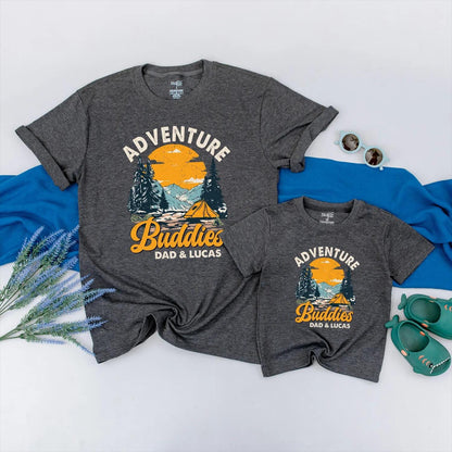 Adventure Buddies Matching Shirts for Dad and Baby Personalized Hiking Clothes, Mountain Travel Gift, Father and Son Camping Outfit, Outdoor Family Fun (139 chars)