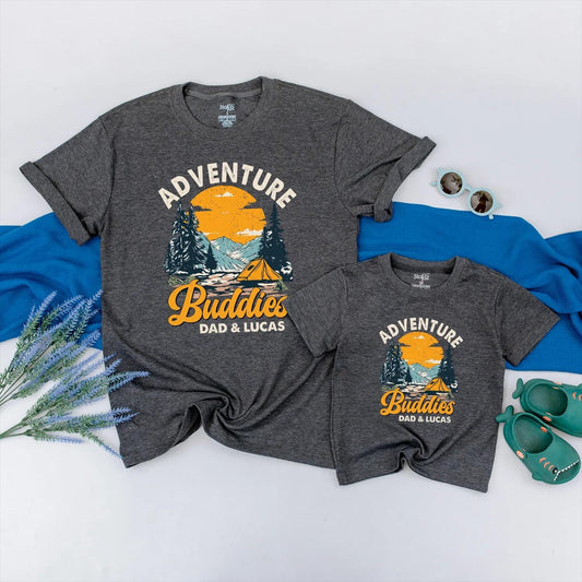 Adventure Buddies Matching Shirts for Dad and Baby Personalized Hiking Clothes, Mountain Travel Gift, Father and Son Camping Outfit, Outdoor Family Fun (139 chars)