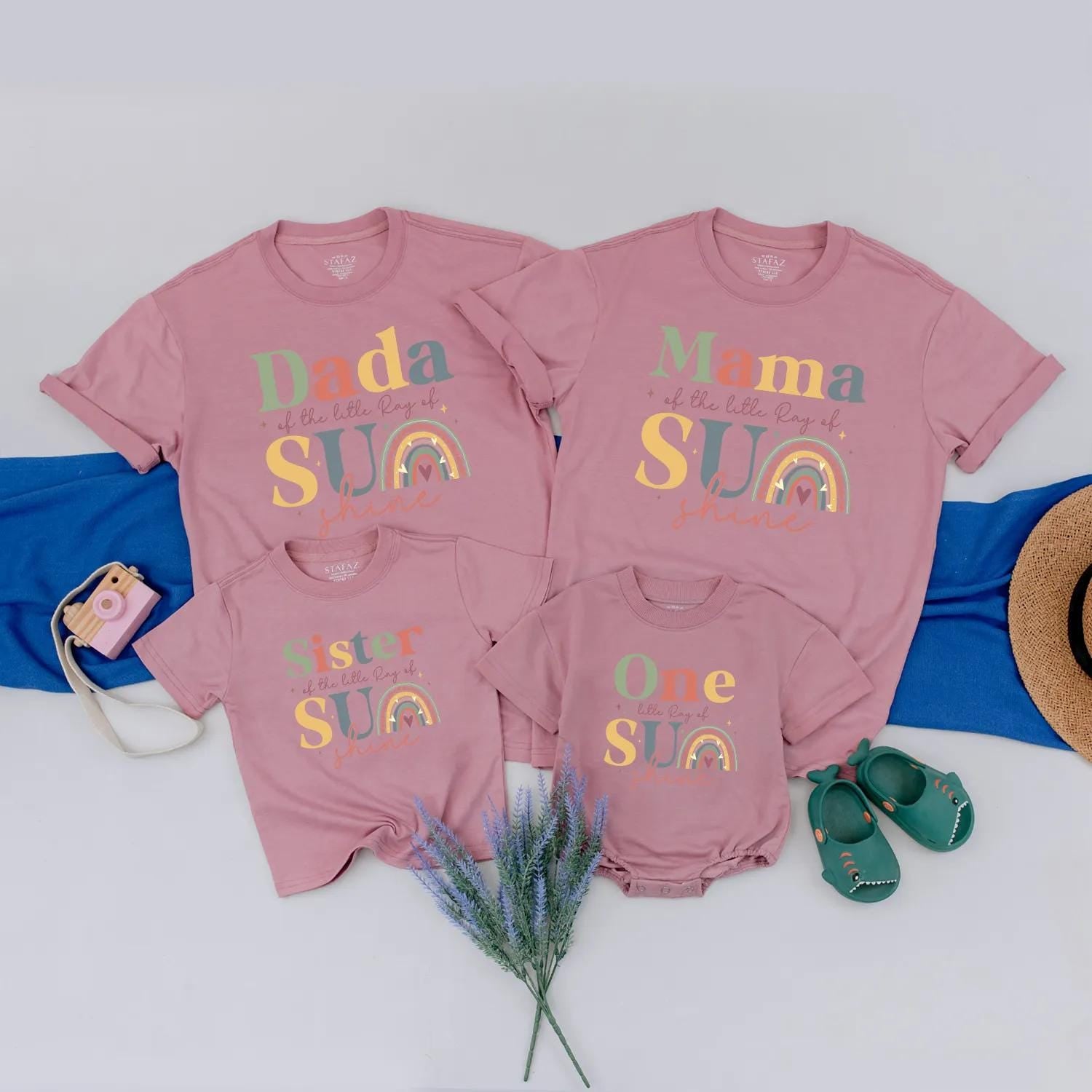 Personalized Little Ray of Sunshine 1st Birthday Family Matching Outfits Boho Rainbow Sun Theme Shirts Baby Toddler Girl Boy First Trip Gift