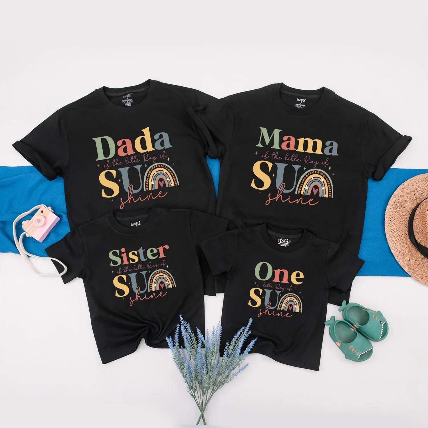 Personalized Little Ray of Sunshine 1st Birthday Family Matching Outfits Boho Rainbow Sun Theme Shirts Baby Toddler Girl Boy First Trip Gift