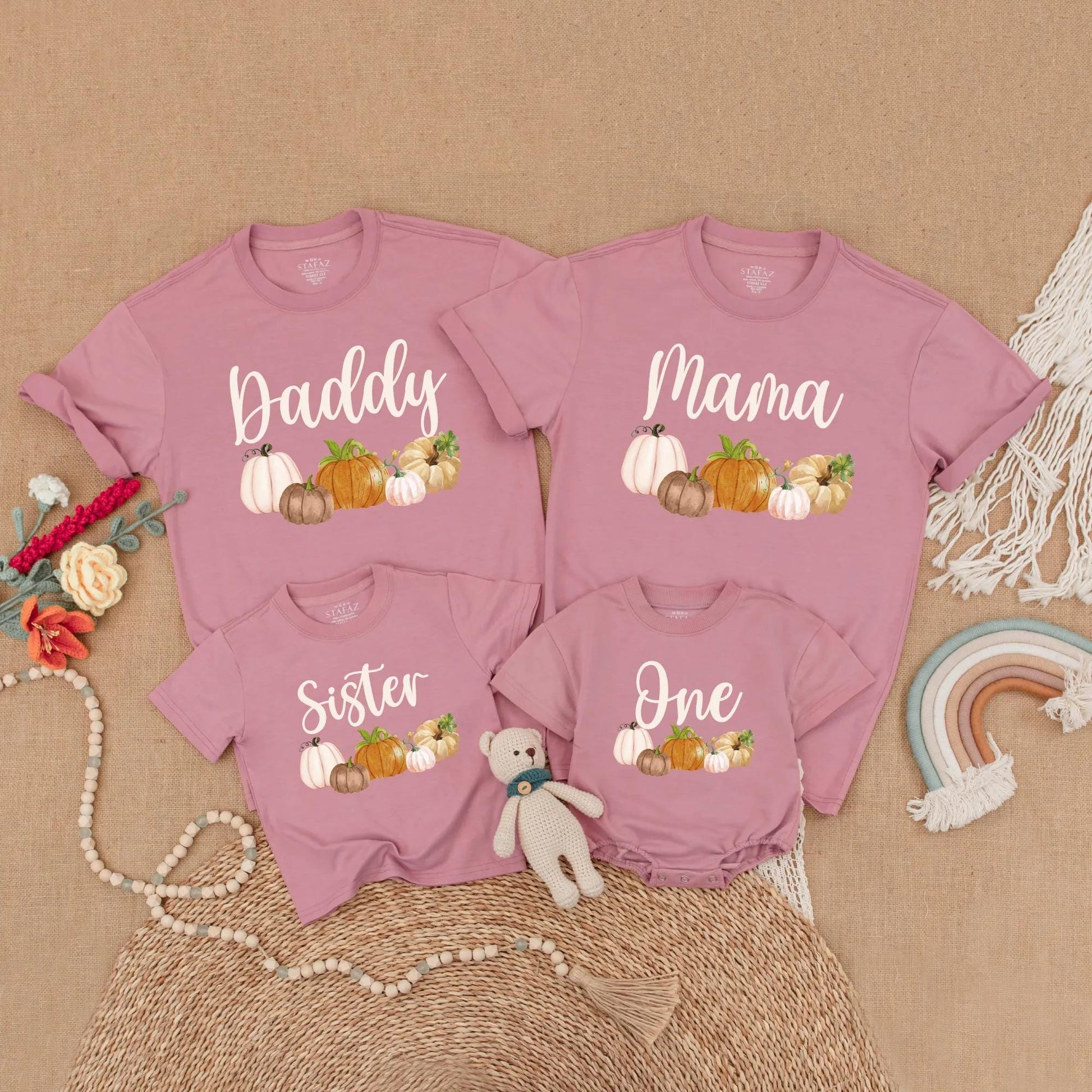 Boho Autumn Pumpkin Birthday Family Shirts Our Little Pumpkin is One Mama Pumpkin Mommy and Me Matching Fall First Birthday