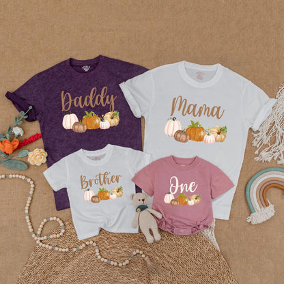 Boho Autumn Pumpkin Birthday Family Shirts Our Little Pumpkin is One Mama Pumpkin Mommy and Me Matching Fall First Birthday