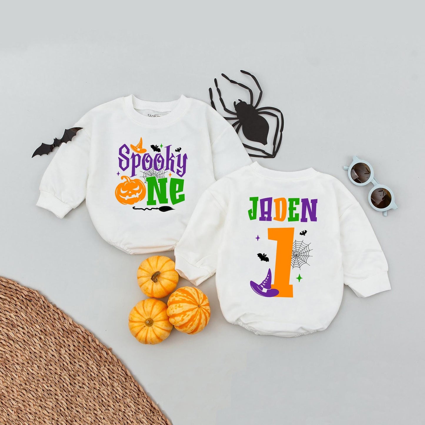 Personalized Spooky One Birthday Romper First Halloween Party Outfit Baby Girl Boy "Boo Is One" Cotton Spooky Season Babysuit