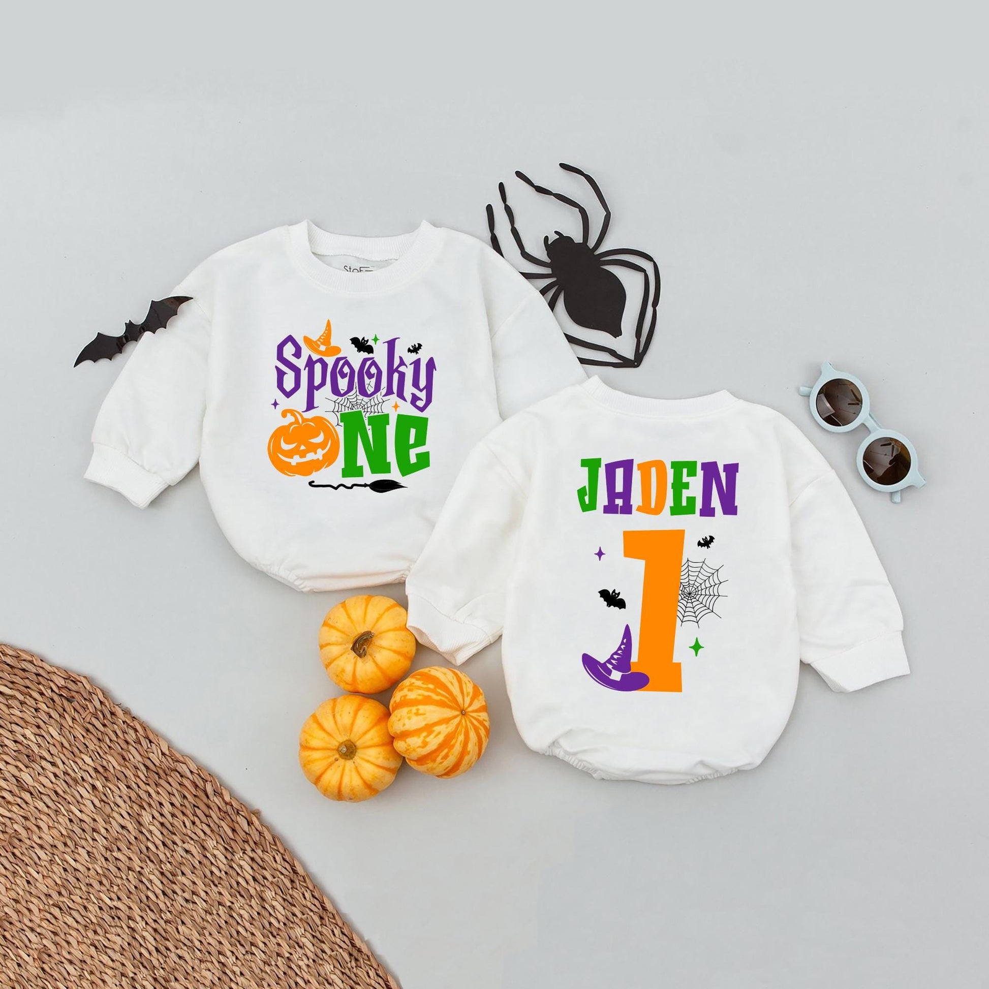 Personalized Spooky One Birthday Romper First Halloween Party Outfit Baby Girl Boy "Boo Is One" Cotton Spooky Season Babysuit