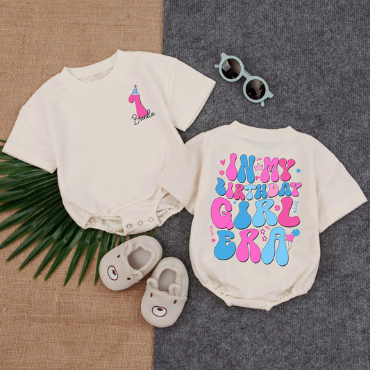 In My Birthday Girl Era Bubble Romper Custom Toddler First Birthday Outfit Baby Girl T-Shirt Personalized 1st Birthday Gift Celebration Style