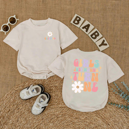 Personalized Girls Just Wanna Turn One Groovy Birthday Romper for Baby Girl First Birthday Outfit One Year Old Soft Daisy Bodysuit