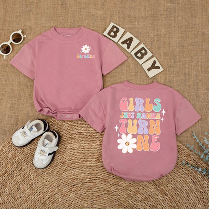 Personalized Girls Just Wanna Turn One Groovy Birthday Romper for Baby Girl First Birthday Outfit One Year Old Soft Daisy Bodysuit
