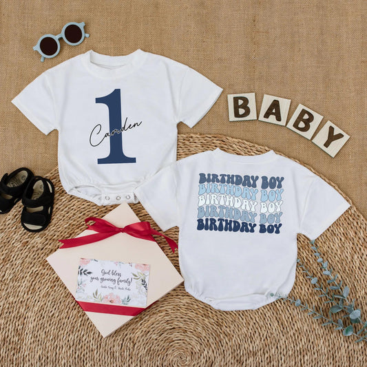 Caden 1st Birthday Boy Romper Blue Outfit with Number 1 and Cursive Name, Cake Smash Bodysuit Gift
