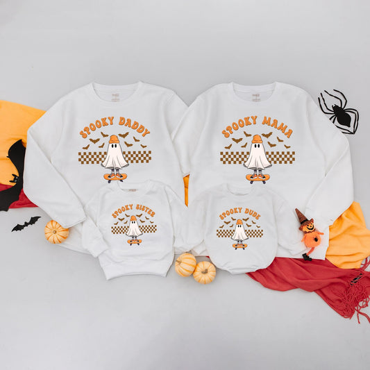 Matching Family Halloween Sweatshirts with Spooky Mama Mini Ghost & Checkered Pumpkin Design Baby's First Halloween Party Comfortable Outfit