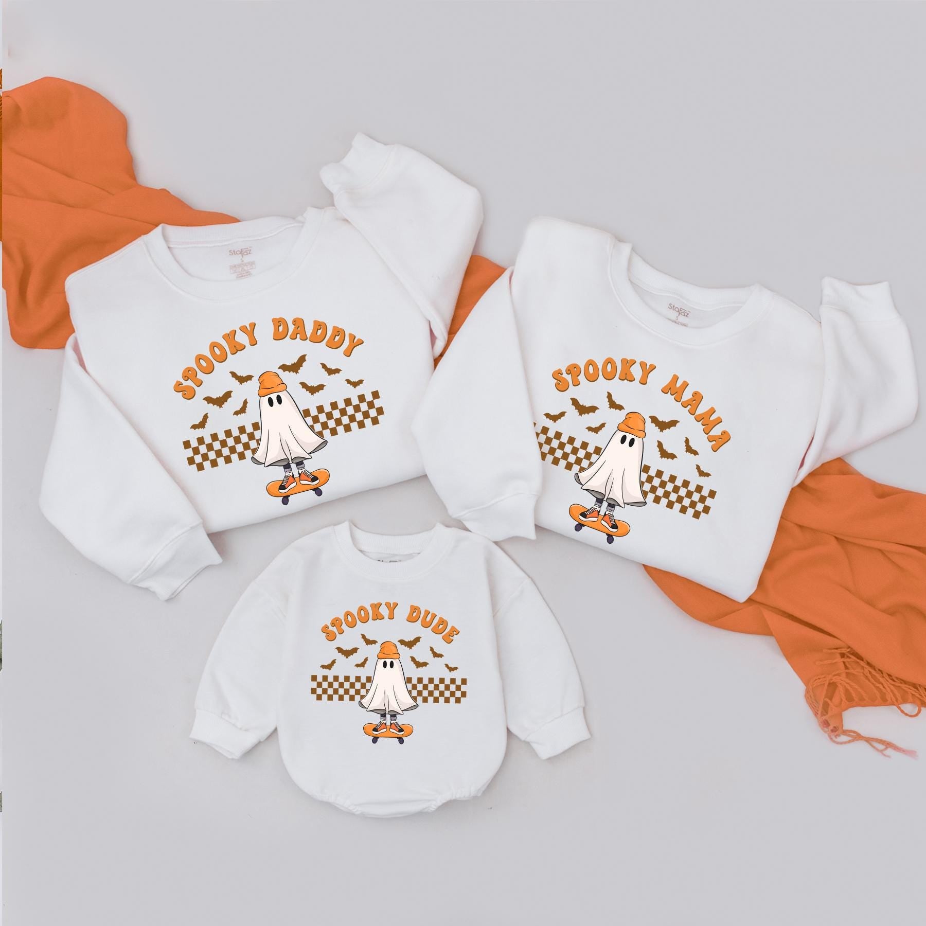 Matching Family Halloween Sweatshirts with Spooky Mama Mini Ghost & Checkered Pumpkin Design Baby's First Halloween Party Comfortable Outfit