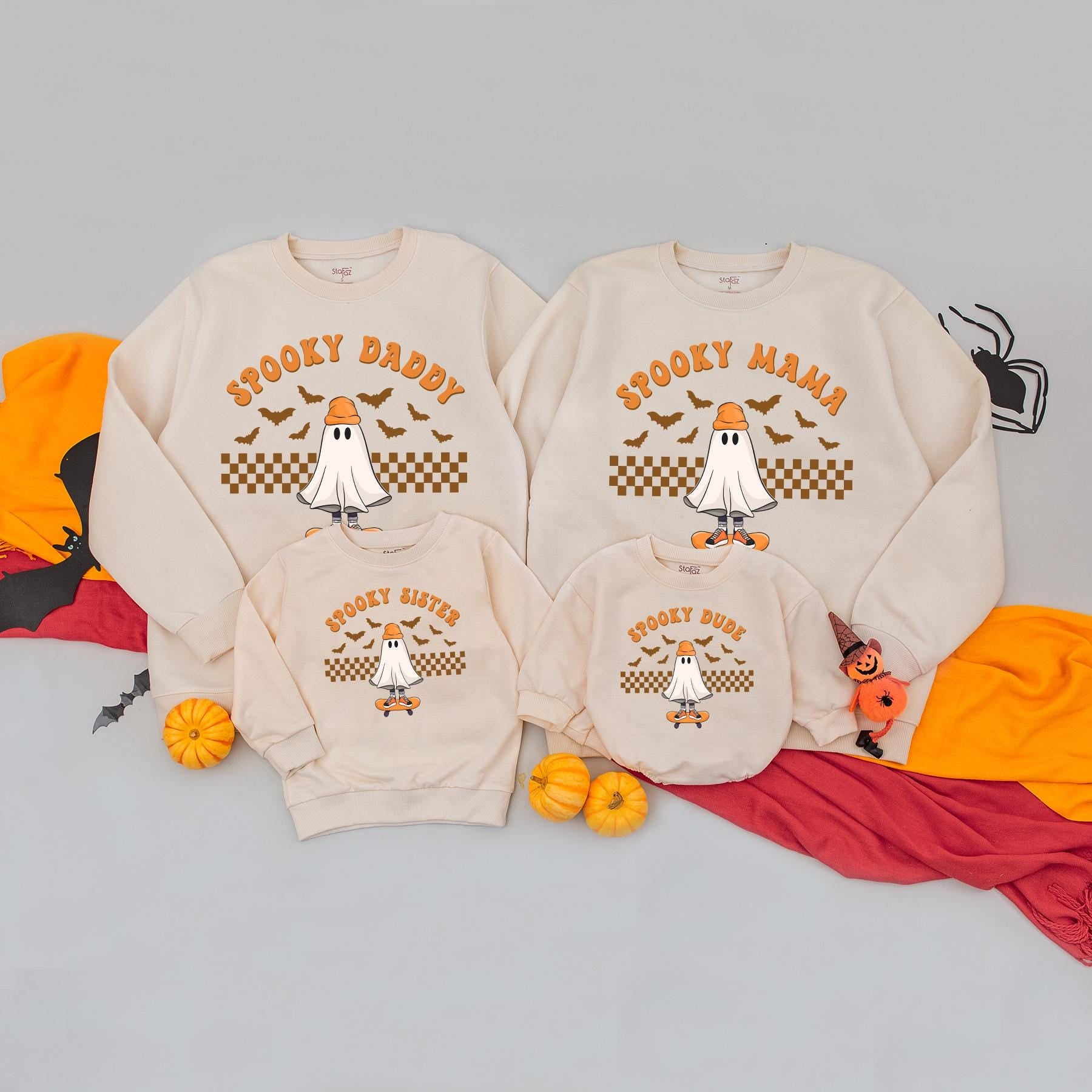 Matching Family Halloween Sweatshirts with Spooky Mama Mini Ghost & Checkered Pumpkin Design Baby's First Halloween Party Comfortable Outfit