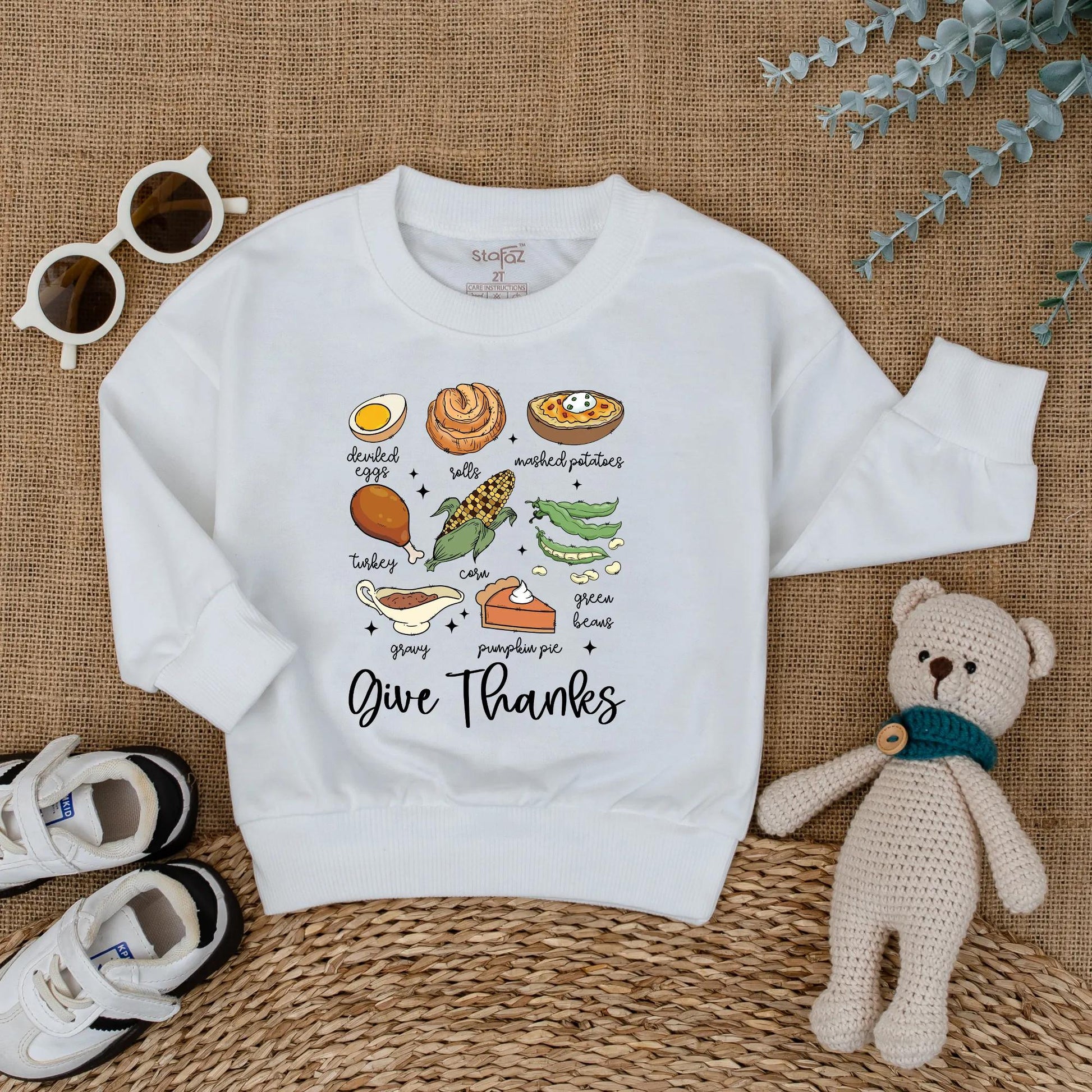 Cute Thanksgiving Baby Romper, Fall Food Bodysuit with Turkey Dinner Illustrations, 'Give Thanks' Newborn Outfit, First Thanksgiving Gift, Fall Baby Shower