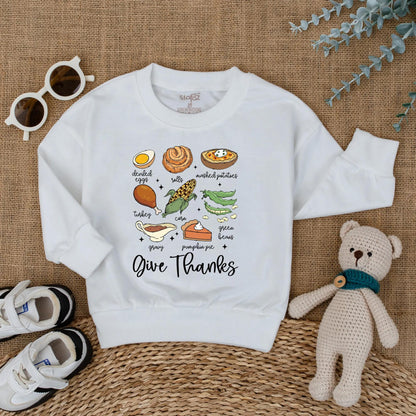 Cute Thanksgiving Baby Romper, Fall Food Bodysuit with Turkey Dinner Illustrations, 'Give Thanks' Newborn Outfit, First Thanksgiving Gift, Fall Baby Shower