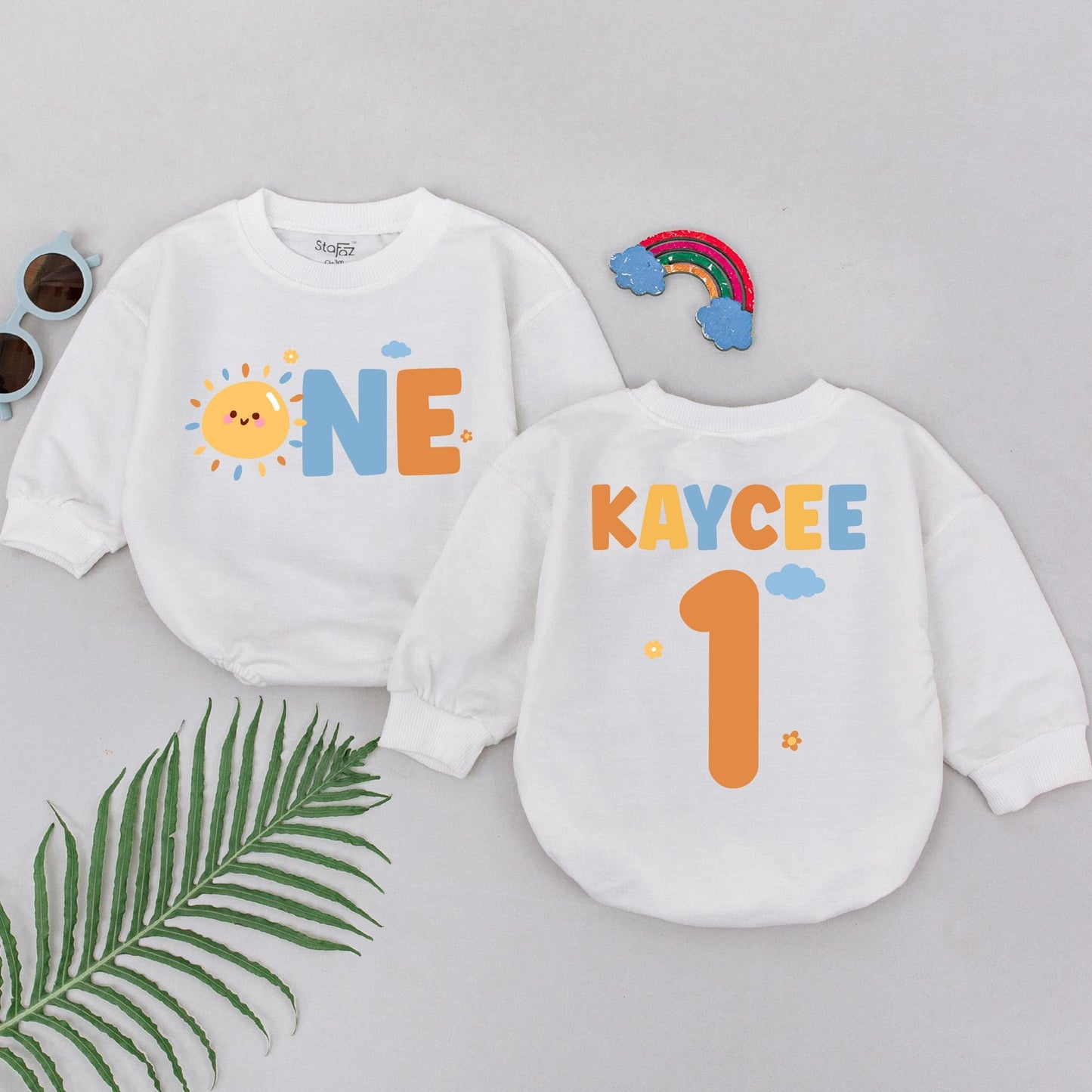 Kaycee's Sunshine First Birthday Romper, Custom ONE Bodysuit Set, Boho Sun Party Outfit, Personalized Baby Shower Gift, Boy 1st Birthday Idea (138 chars)