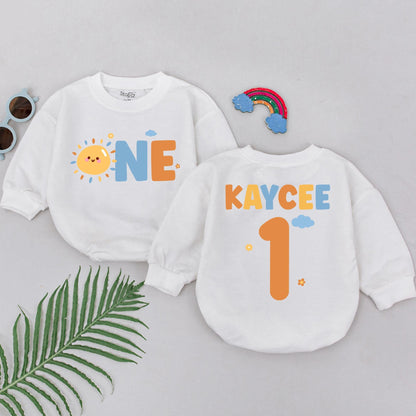 Kaycee's Sunshine First Birthday Romper, Custom ONE Bodysuit Set, Boho Sun Party Outfit, Personalized Baby Shower Gift, Boy 1st Birthday Idea (138 chars)
