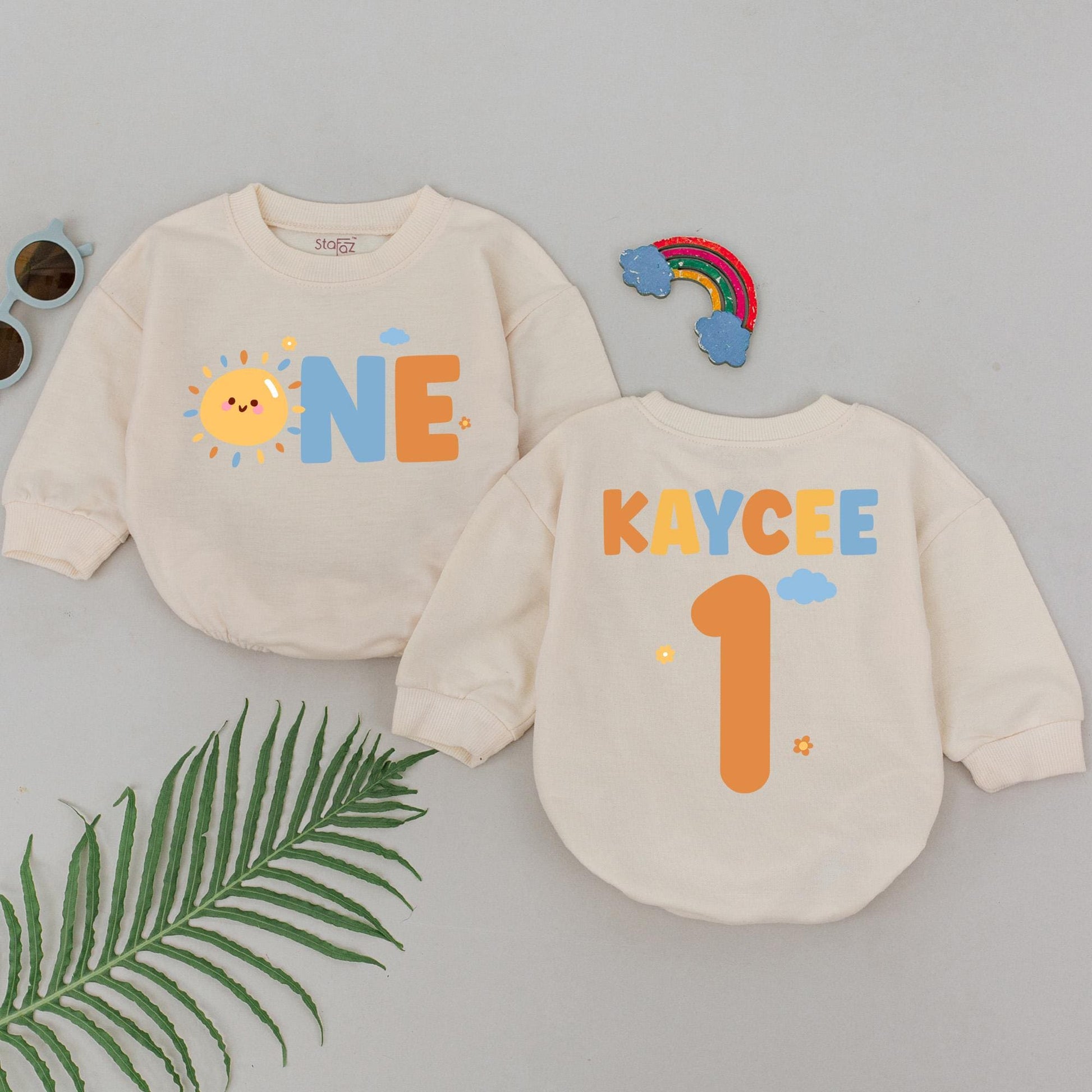 Kaycee's Sunshine First Birthday Romper, Custom ONE Bodysuit Set, Boho Sun Party Outfit, Personalized Baby Shower Gift, Boy 1st Birthday Idea (138 chars)