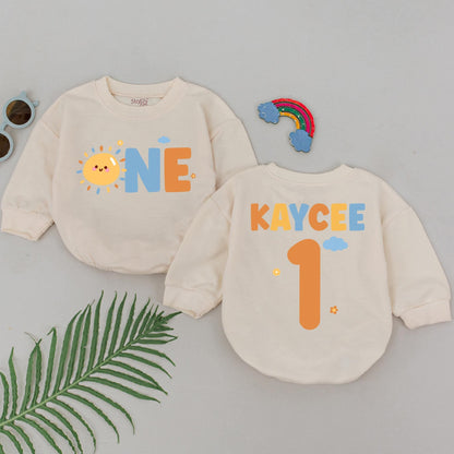 Kaycee's Sunshine First Birthday Romper, Custom ONE Bodysuit Set, Boho Sun Party Outfit, Personalized Baby Shower Gift, Boy 1st Birthday Idea (138 chars)
