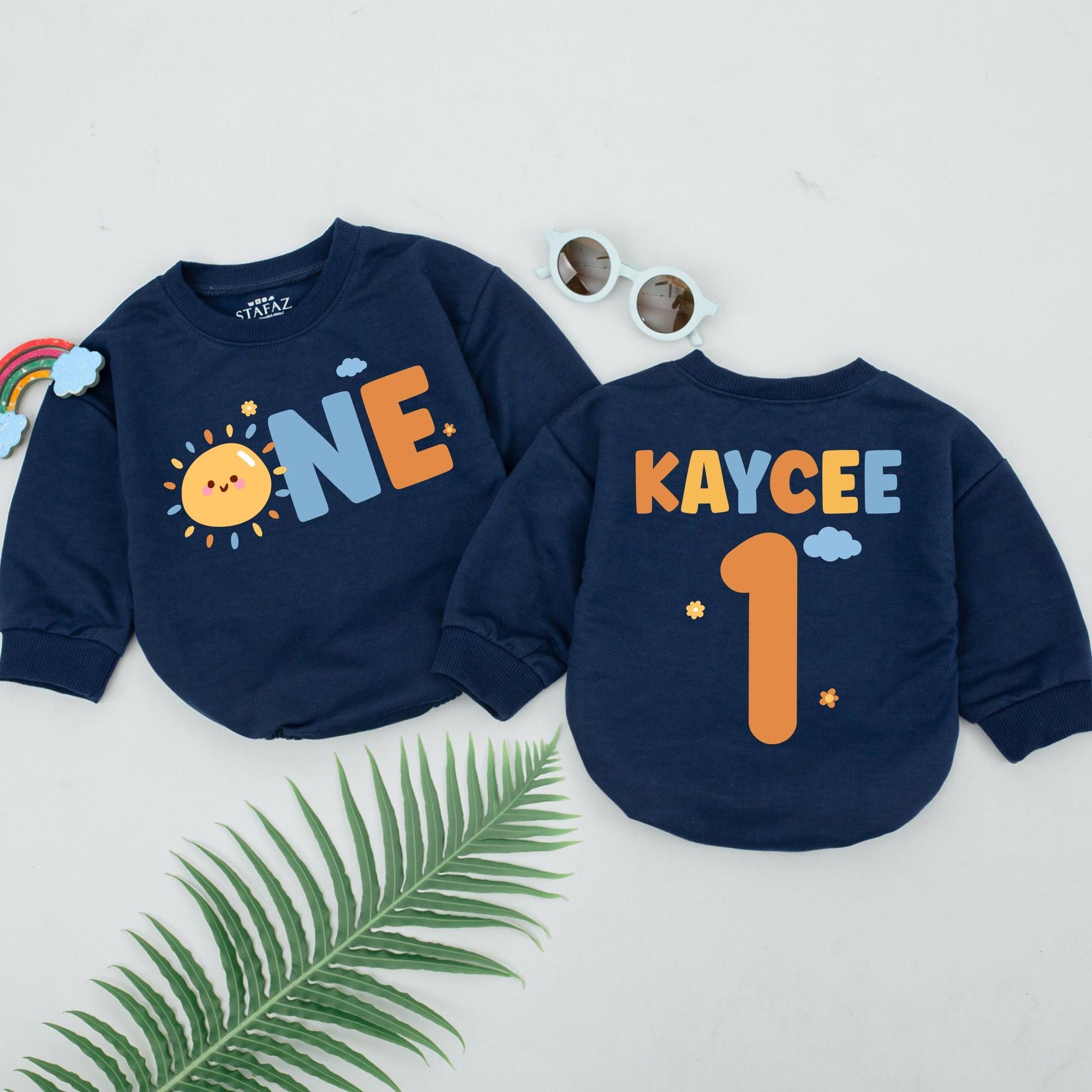 Kaycee's Sunshine First Birthday Romper, Custom ONE Bodysuit Set, Boho Sun Party Outfit, Personalized Baby Shower Gift, Boy 1st Birthday Idea (138 chars)