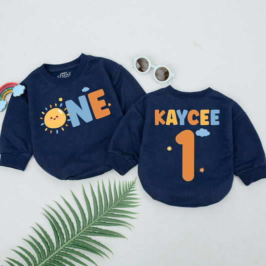 Kaycee's Sunshine First Birthday Romper, Custom ONE Bodysuit Set, Boho Sun Party Outfit, Personalized Baby Shower Gift, Boy 1st Birthday Idea (138 chars)