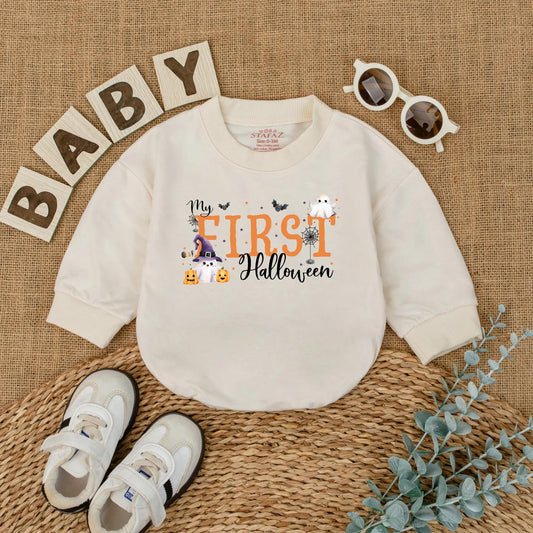 My First Halloween Baby Romper Cute Ghost Pumpkin Design Infant Bodysuit Cozy Fall Costume for Baby Shower or Spooky Gift Newborn
