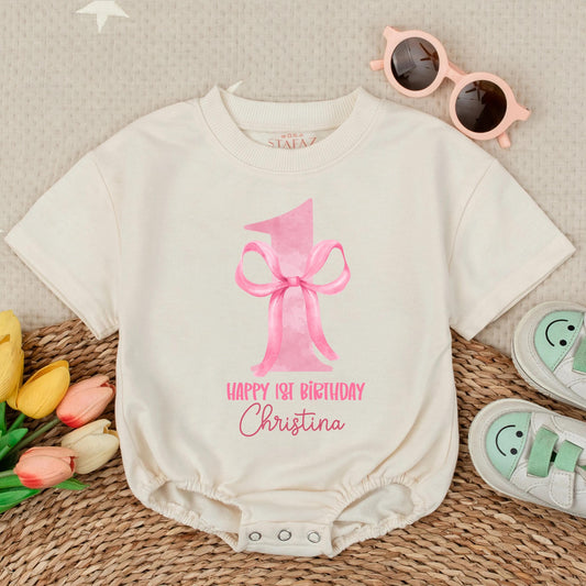 Custom First Birthday Girl Romper with Bow Baby Girl Bubble Outfit Personalized 1st Birthday Gift Short Sleeve Cotton Comfortable Party Outfit