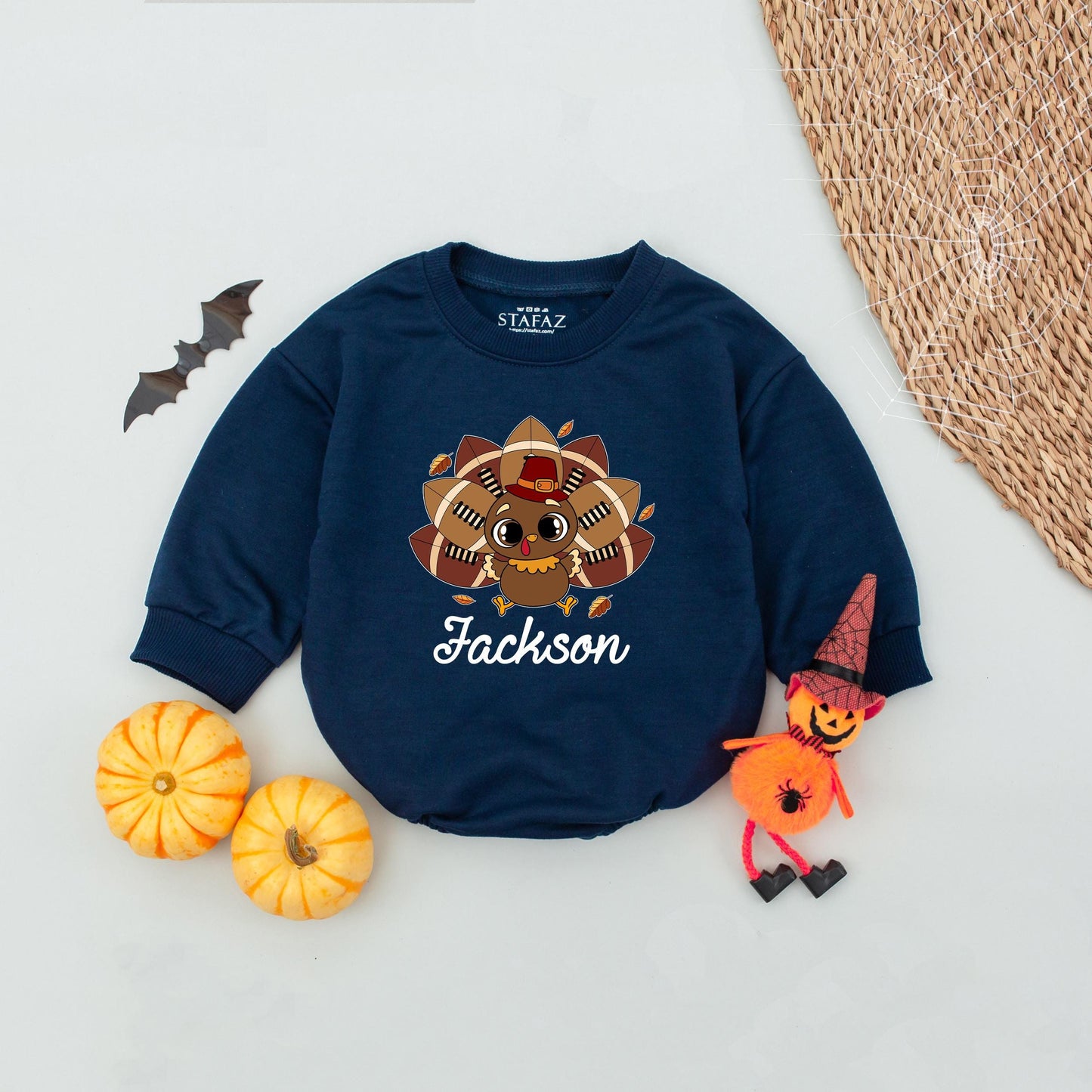 Custom Name Thanksgiving Baby Romper: Turkey Football Design First Thanksgiving Outfit Announcement Baby Boy or Girl Comfortable