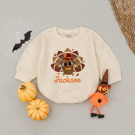 Custom Name Thanksgiving Baby Romper: Turkey Football Design First Thanksgiving Outfit Announcement Baby Boy or Girl Comfortable